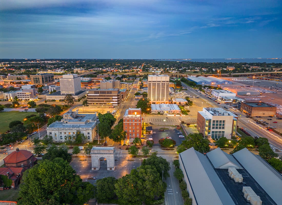 Norfolk, VA - Downtown Cityscape of Newsport News, Virginia on a Nice Evening